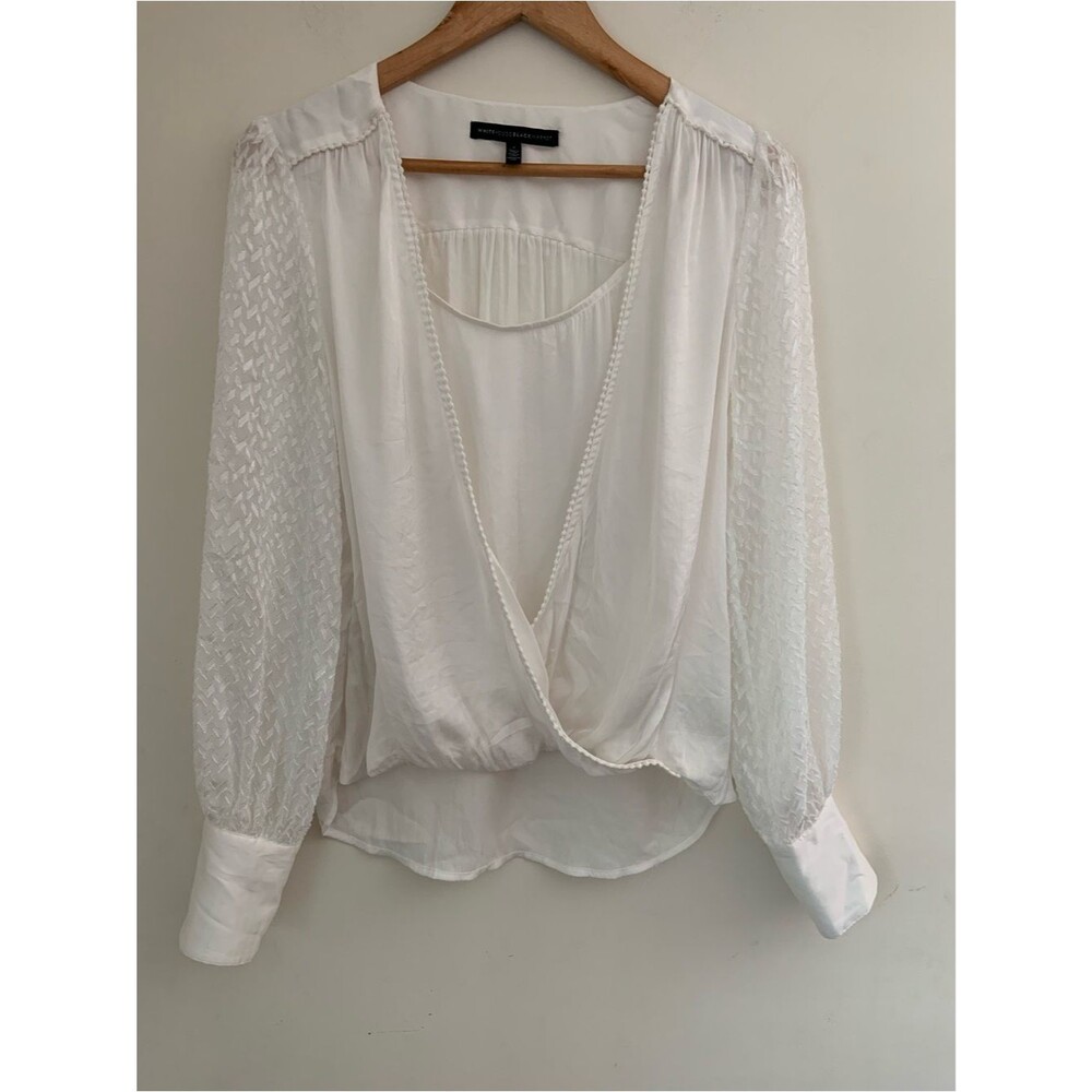 White House Black Market White Draped V-Neck Blouse Textured Sheer Sleeves 4